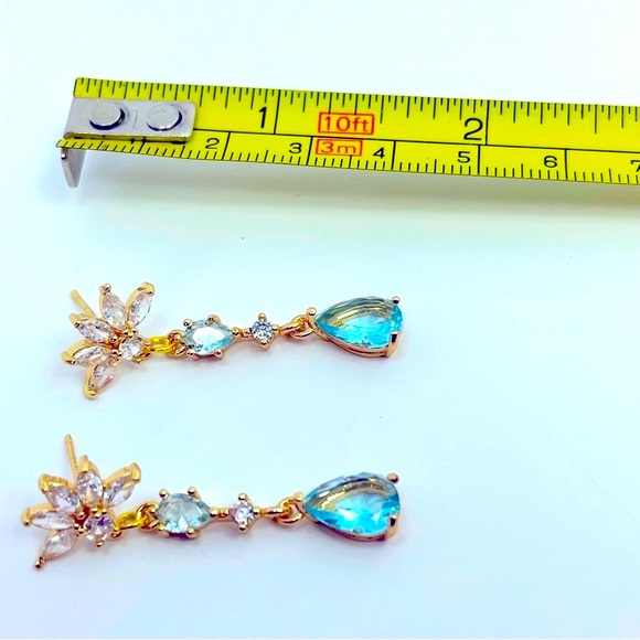 Turquoise Blue Glass White Blue Rhinestone Handmade Dangle Earrings - Picture 3 of 3